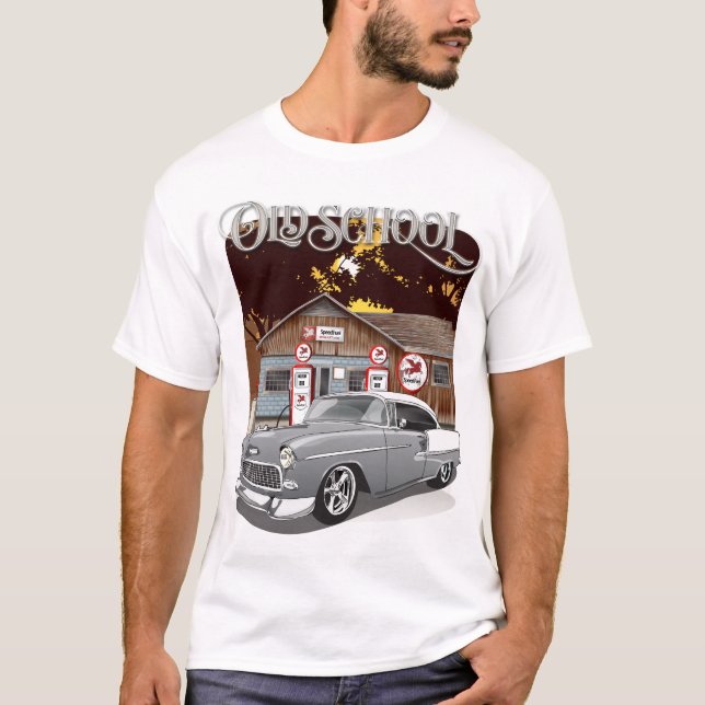 1955 Silver Grått Chevy Bel Luft Old school Shirt T (Framsida)