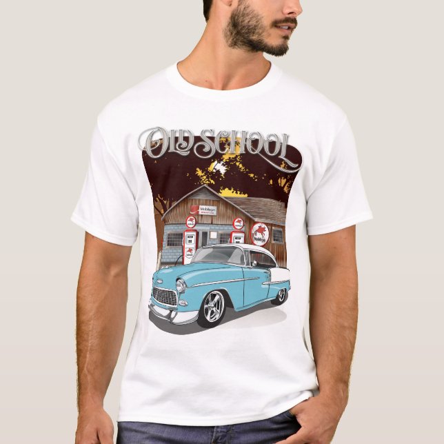 1955 Skyline Blue Chevy Bel Luft Old school tryckt T Shirt (Framsida)
