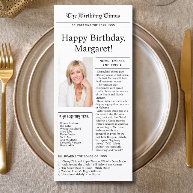 1955 Trivia, 70th birthday Flat Menu style Card Meny (Skapare uppladdad)