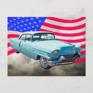 1956 Sedan Deville Cadillac och American Flagga Vykort
