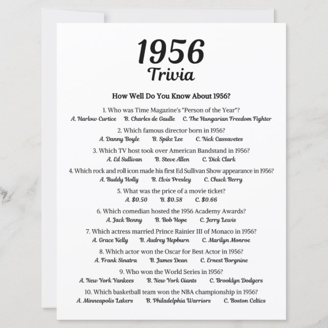 1956 Trivia-spel | 69:e Födelsedagsfestens spel (Framsida)