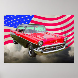 1957 Chevrolet Bel Air och amerikanska flaggan Poster