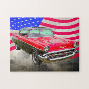 1957 Chevrolet Bel Air och amerikanska flaggan Pussel