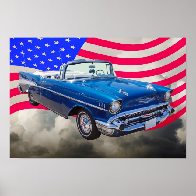 1957 Chevrolet Bel Luft med amerikansk Flagga Poster (Framsidan)