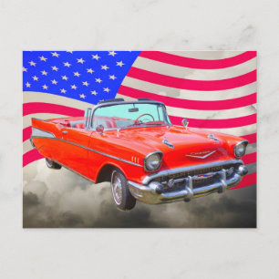 1957 Chevrolet Bel Luft och US Flagga Vykort