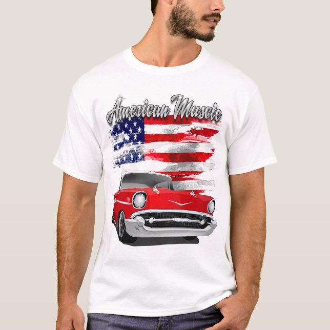 1957 Red and White American Muscle Chevy Bel Luft T Shirt (Framsida)