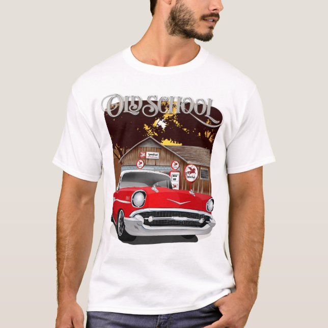1957 Red and White Old school Chevy Bel Luft T Shirt (Framsida)