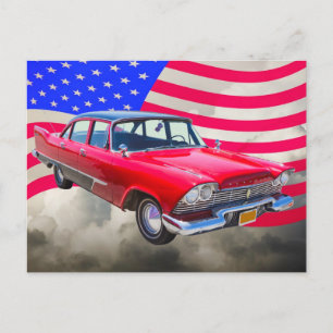 1958 års Plymouth Savoybil med amerikansk Flagga Vykort