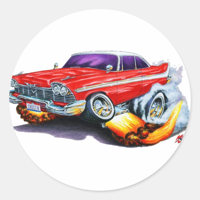 1958 Plymouth Fury Red Car Runt Klistermärke (Framsida)