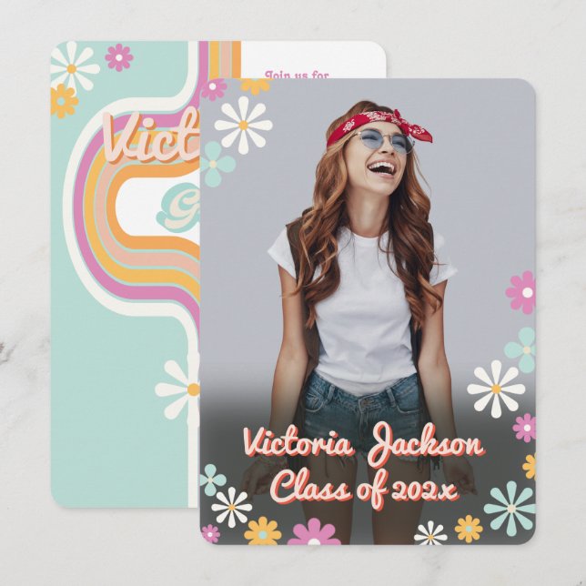 1960 års Flower Power Photo Studenten Inbjudningar (Fram/baksida)