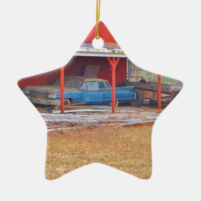 1960 BLUE SADAND DEVILLE Antique-bil Julgransprydnad Keramik (Framsidan)