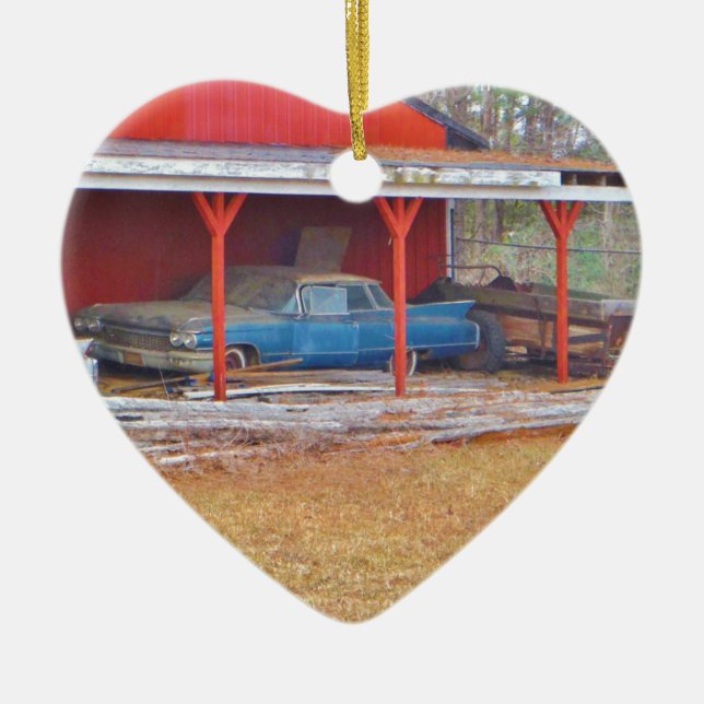 1960 BLUE SADAND DEVILLE Antique-bil Julgransprydnad Keramik (Framsidan)