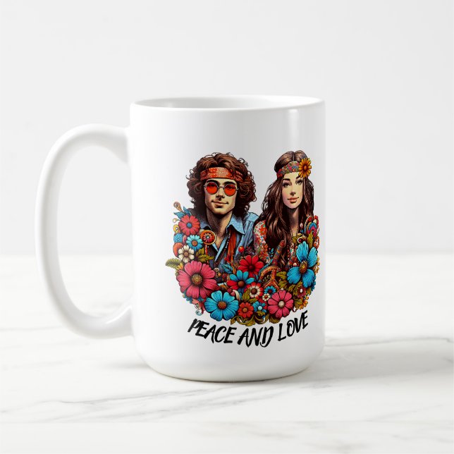 1960-talet Hippie par blomma, barn, fred och Kärle Kaffemugg (Vänster)