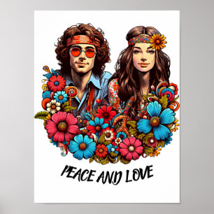 1960-talet Hippie par blomma, barn, fred och Kärle Poster