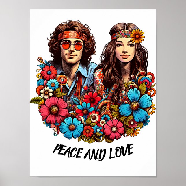 1960-talet Hippie par blomma, barn, fred och Kärle Poster (Framsidan)