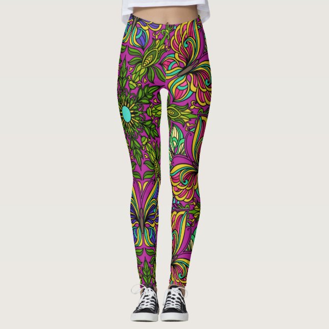 1960-talet Retro Mandala Design, Neon Färg Leggings (Framsida)