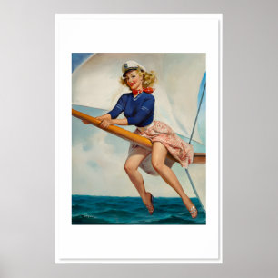1960-talets Elvgren Sailor Girl Pin-Up Båt Affisch