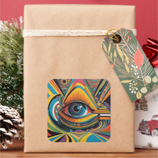 1960-talets fasansfull, psykodelisk teckning fyrkantigt klistermärke