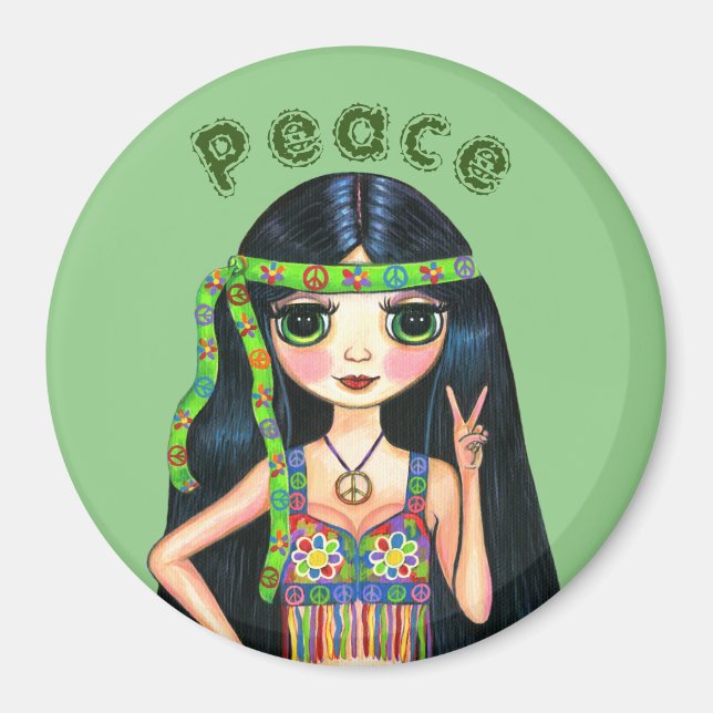 1960-talets Hippie Chick Flicka Fredstecken Söt Magnet (Framsidan)