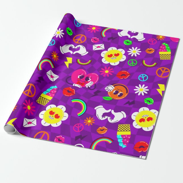 1960-talets valentines fredstecken groovy regnbåge presentpapper (Utrullad)