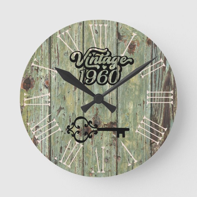 1960 Vintage gammalt trä Rund Klocka (Framsida)