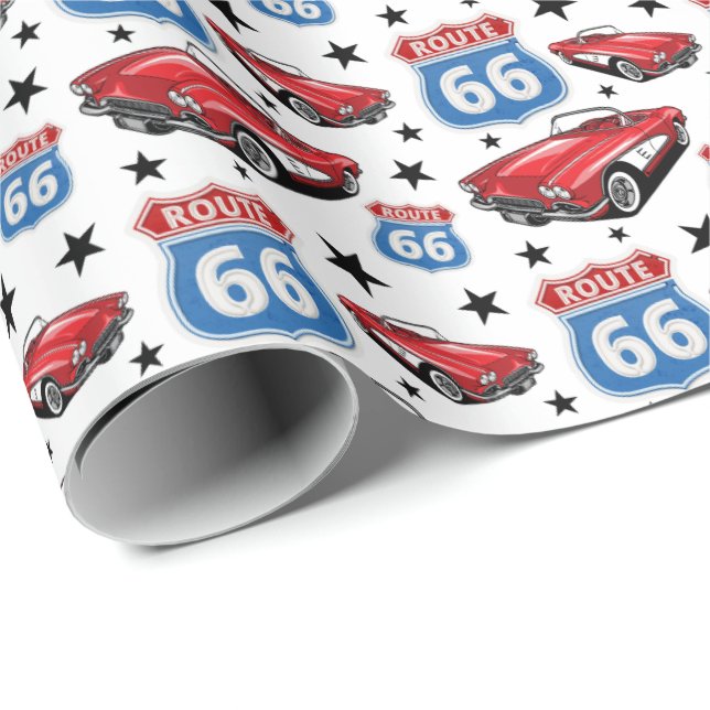 1961 C1 Red Classic Sports Car Retro Route 66-teck Presentpapper (Rullad Hörn)