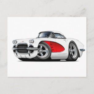 1961 Corvette White-Red Car Vykort