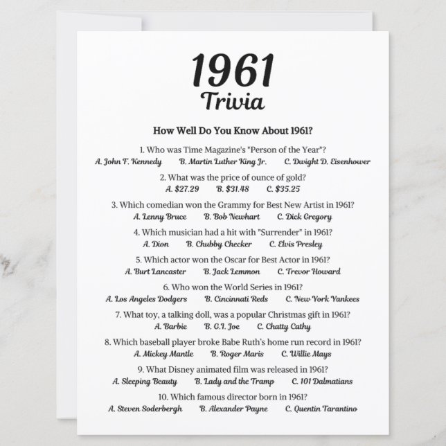 1961 Trivia-spel | 64:e Födelsedagsfestens spel (Framsida)
