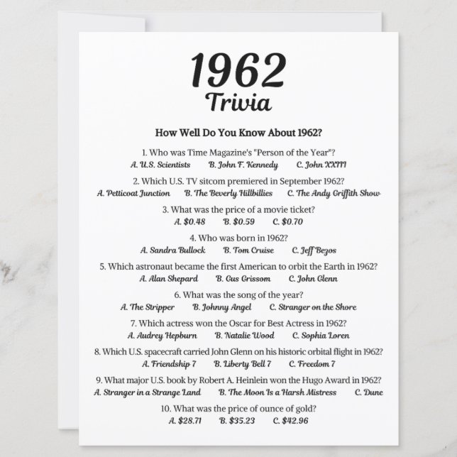 1962 Trivia Spel | 64-års Födelsedagsfirande (Framsida)