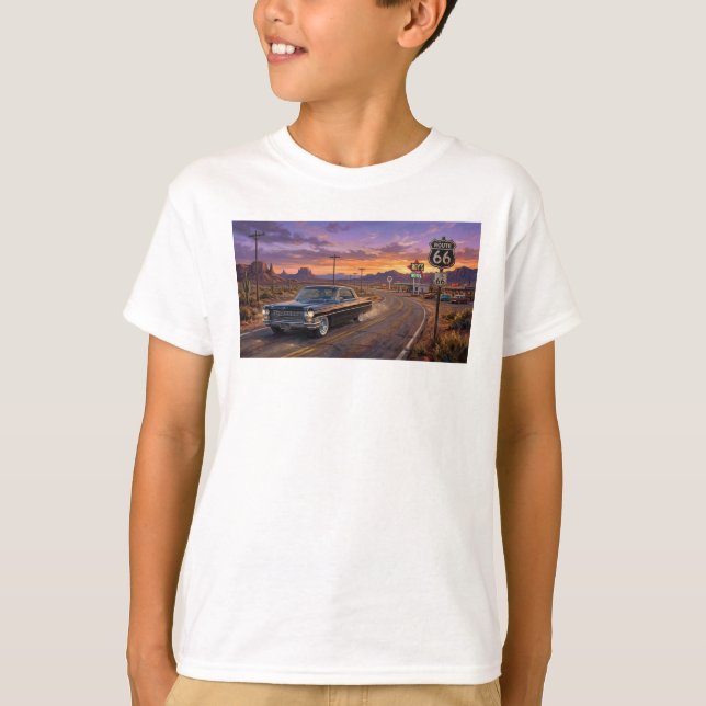 1964 Cadillac på Route 66 T Shirt (Framsida)