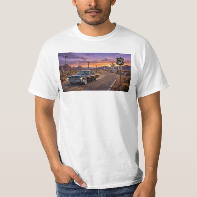 1964 Cadillac på Route 66 T Shirt (Framsida)