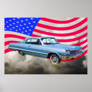 1964 Chevrolet Impala Car och American Flagga Poster