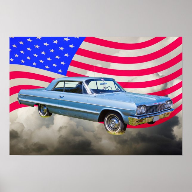 1964 Chevrolet Impala Car och American Flagga Poster (Framsidan)