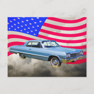 1964 Chevrolet Impala Car och American Flagga Vykort