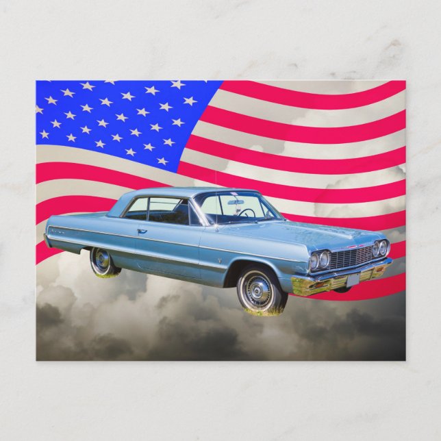 1964 Chevrolet Impala Car och American Flagga Vykort (Framsida)