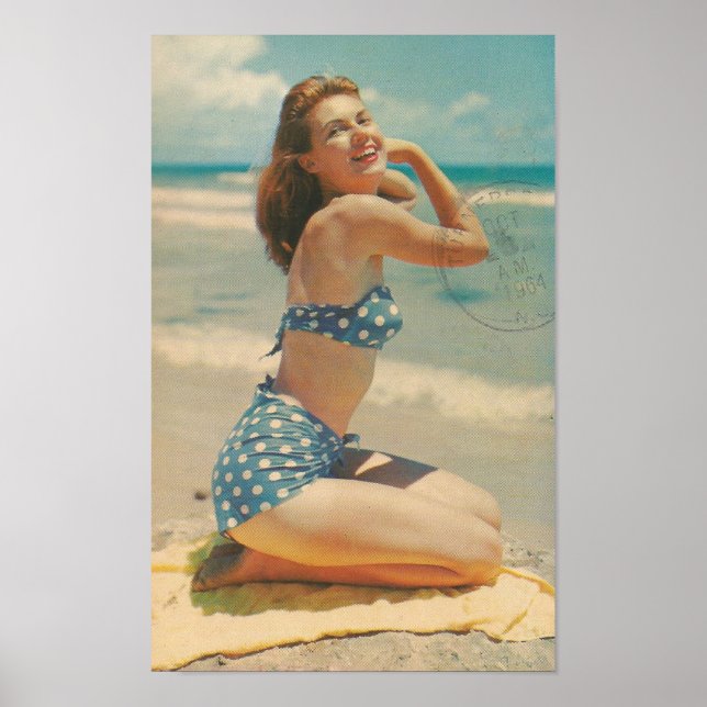 1964 vykort pinup flicka ~ Beach Scene Poster (Framsidan)