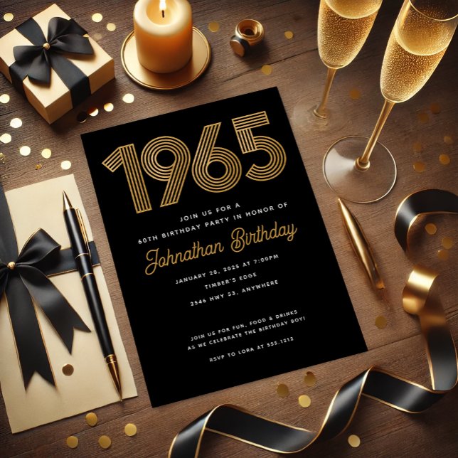 1965 Svart Falskt Guld 60-års Födelsedagsinbjudan Inbjudningar (1965 Black Faux Gold 60th Birthday Invitation)