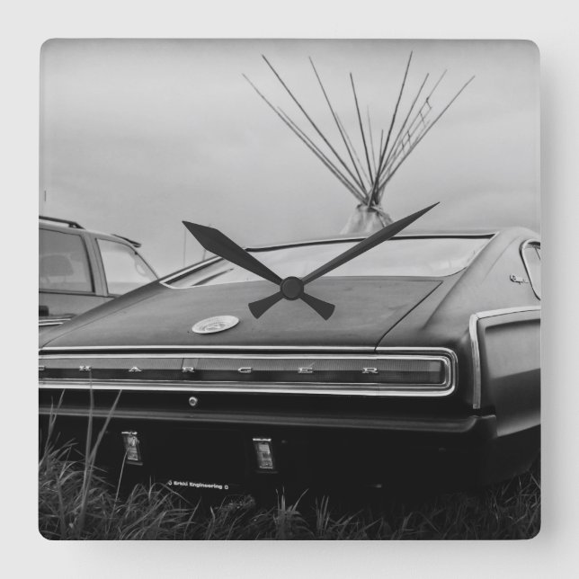 1966 Dodge Charger (B/W) Fyrkantig Klocka (Framsida)