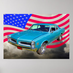 1966 Pontiac Le Mans och amerikansk Flagga Poster