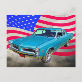 1966 Pontiac Le Mans och amerikansk Flagga Vykort