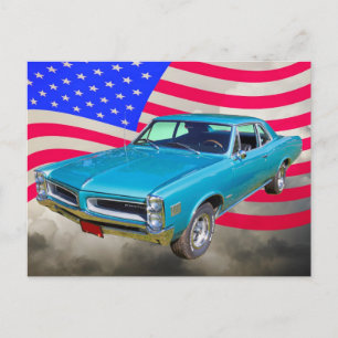 1966 Pontiac Le Mans och amerikansk Flagga Vykort