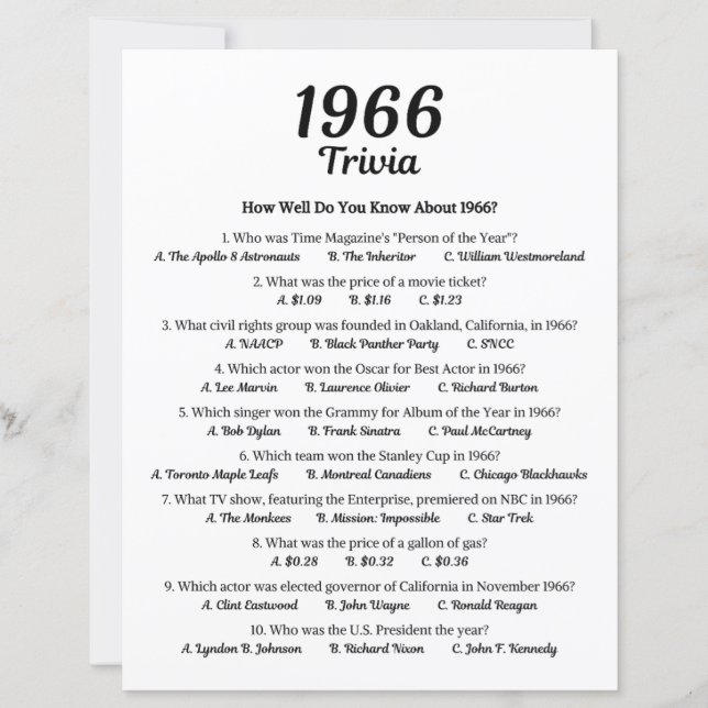 1966 Trivia-spel | 59:e Födelsedagsfestens spel (Framsida)