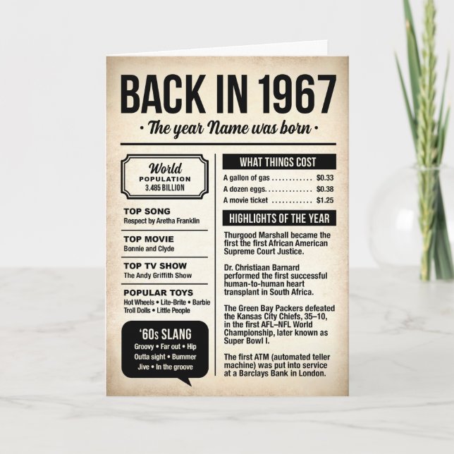 1967 Back in the Day, Fun Facts Birthday Card Kort (Framsida)