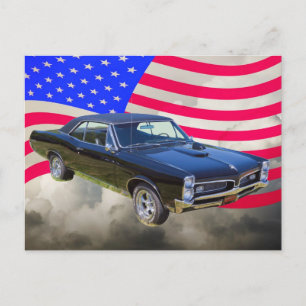 1967 Pontiac GTO och American Flagga Vykort