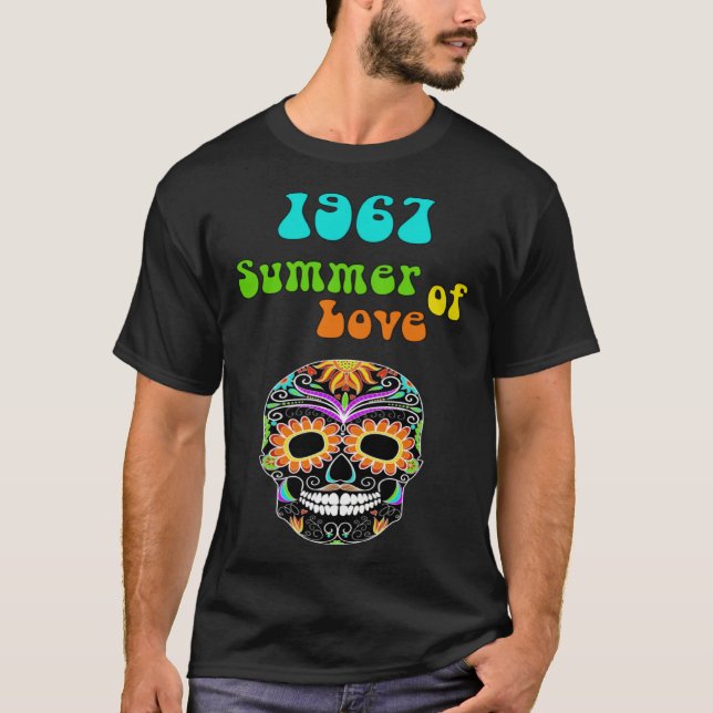 1967 Summer of Love Colourful Hippie Skull T Shirt (Framsida)
