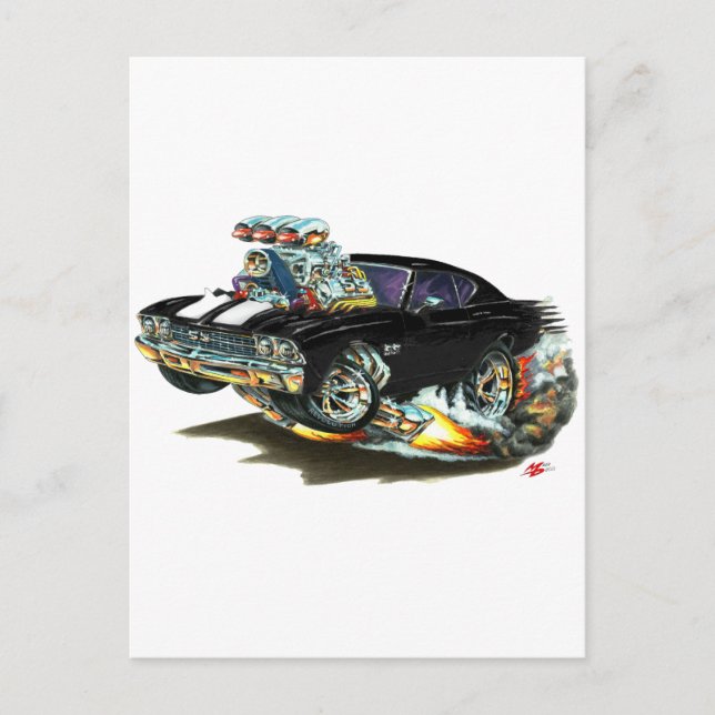 1968-69 Chevelle Black White Car Vykort (Framsida)