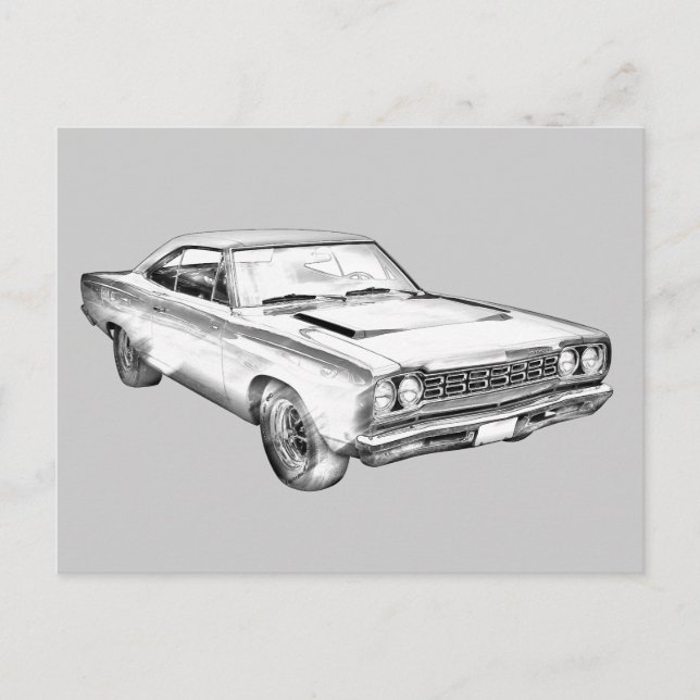 1968 Illustration av Plymouth Roadrunner Muscle Vykort (Framsida)
