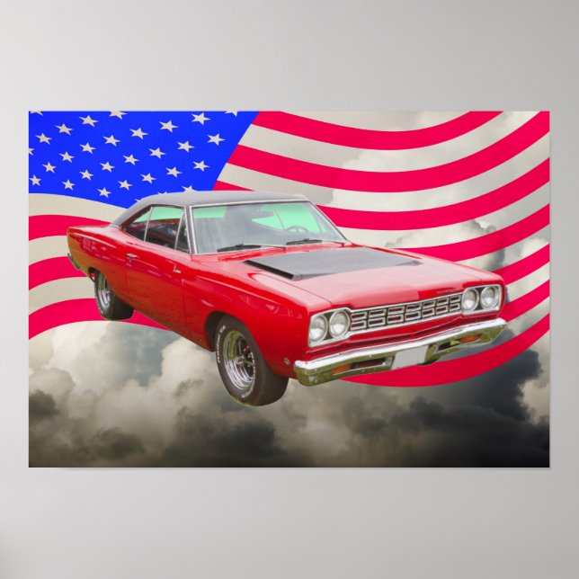 1968 Plymouth Roadrunner och American Flagga Poster (Framsidan)