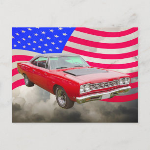 1968 Plymouth Roadrunner Och Amerikansk Flagga Vykort