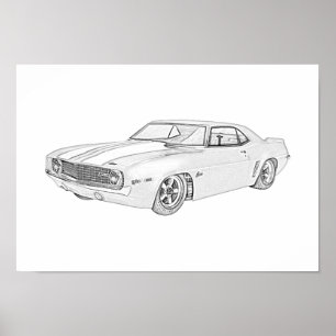 1969 Chevy Camaro Pencil Stil Black and White Poster